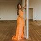 Sheath/Column Strapless Satin Beaded Prom Dresses With Ruffle