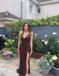 Sparkly V-neck Ruched Sequin Prom Dresses with Slit