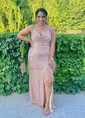 Sheath/Column Sweep Train Cowl Neck Sequined Split Front Prom Dresses