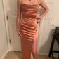 Sheath/Column Cowl Neck Silk-like Satin Floor-length Prom Dresses With Split Front