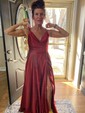 Black A-line V-neck Satin Prom Dresses With Ruched