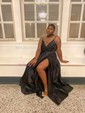 Black A-line V-neck Satin Prom Dresses With Ruched