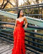 Ball Gown Strapless Chiffon Tiered Prom Dresses With Appliques