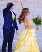 Ball Gown V-neck Satin Ruffle Tiered Prom Dresses With Ruched