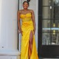 Sheath/Column Strapless Satin Corset Prom Dresses With Beading