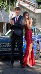 Sheath/Column V-neck Satin Corset Prom Dresses With Appliques