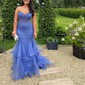 Mermaid Strapless Tulle Tiered Prom Dresses With Appliques