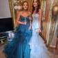 Mermaid Strapless Tulle Tiered Prom Dresses With Appliques