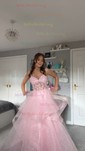 Princess V-neck Tulle Ruffle Prom Dresses With Appliques