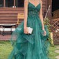 Princess V-neck Tulle Ruffle Prom Dresses With Appliques