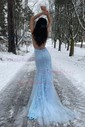 Black Mermaid Scoop Neck Backless Tulle Prom Dresses With Appliques