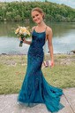 Black Mermaid Scoop Neck Backless Tulle Prom Dresses With Appliques