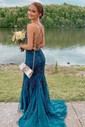 Black Mermaid Scoop Neck Backless Tulle Prom Dresses With Appliques