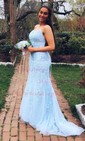 Black Mermaid Scoop Neck Backless Tulle Prom Dresses With Appliques