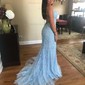 Black Mermaid Scoop Neck Backless Tulle Prom Dresses With Appliques