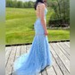 Black Mermaid Scoop Neck Backless Tulle Prom Dresses With Appliques