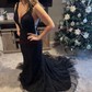 Black Mermaid V-neck Backless Tulle Prom Dresses With Appliques