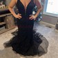 Black Mermaid V-neck Backless Tulle Prom Dresses With Appliques