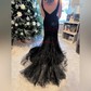 Black Mermaid V-neck Backless Tulle Prom Dresses With Appliques