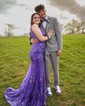 Mermaid V-neck Backless Tulle Prom Dresses With Appliques