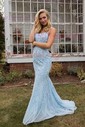 Mermaid Scoop Neck Backless Tulle Prom Dresses With Appliques