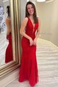 Mermaid V-neck Backless Tulle Prom Dresses With Appliques