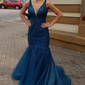 Mermaid V-neck Tulle Prom Dresses With Appliques