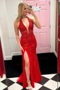 Trumpet/Mermaid Halter Tulle Sweep Train Prom Dresses With Appliques Lace