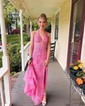 Trumpet/Mermaid Halter Tulle Sweep Train Prom Dresses With Appliques Lace