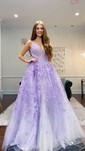 Ball Gown V-neck Tulle Prom Dresses With Appliques