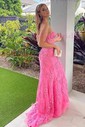 Sheath/Column Sweetheart Tulle Sweep Train Appliques Lace Prom Dresses