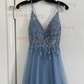 Ball Gown V-neck Glitter Tulle Prom Dresses with Appliques