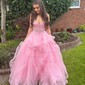 Princess V-neck Tulle Ruffle Prom Dresses with Appliques