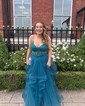 Princess V-neck Tulle Ruffle Prom Dresses with Appliques