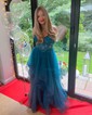 Princess V-neck Tulle Ruffle Prom Dresses with Appliques