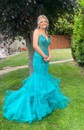 Mermaid V-neck Tulle Ruffle Prom Dresses With Appliques