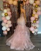 Mermaid V-neck Tulle Ruffle Prom Dresses With Appliques