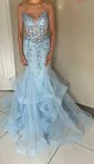 Mermaid V-neck Tulle Ruffle Prom Dresses With Appliques