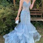 Mermaid V-neck Tulle Ruffle Prom Dresses With Appliques