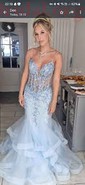Mermaid V-neck Tulle Ruffle Prom Dresses With Appliques
