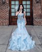 Mermaid V-neck Tulle Ruffle Prom Dresses With Appliques