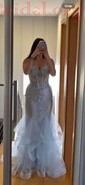 Mermaid V-neck Tulle Ruffle Prom Dresses With Appliques