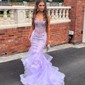 Mermaid V-neck Tulle Ruffle Prom Dresses With Appliques