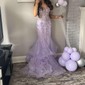 Mermaid V-neck Tulle Ruffle Prom Dresses With Appliques