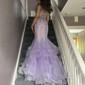 Mermaid V-neck Tulle Ruffle Prom Dresses With Appliques