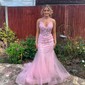 Mermaid V-neck Tulle Ruffle Prom Dresses With Appliques