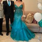 Mermaid V-neck Tulle Ruffle Prom Dresses With Appliques