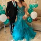 Mermaid V-neck Tulle Ruffle Prom Dresses With Appliques