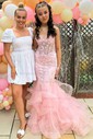 Mermaid Strapless Tulle Ruffle Prom Dresses With Appliques
