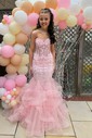 Mermaid Strapless Tulle Ruffle Prom Dresses With Appliques